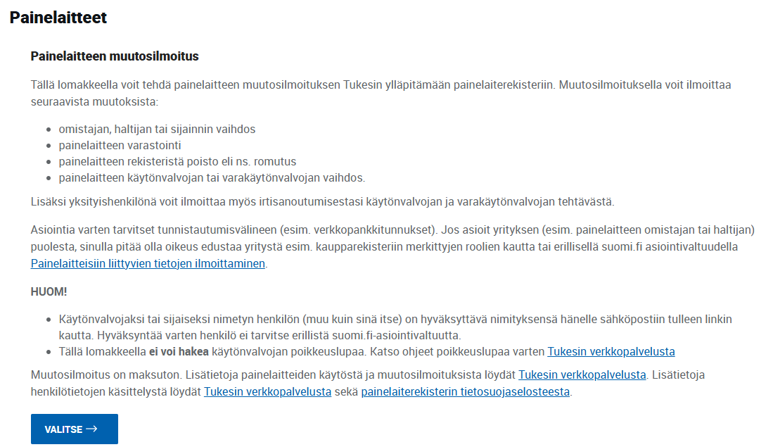 painelaitteiden muutosilmoitukset Tukes