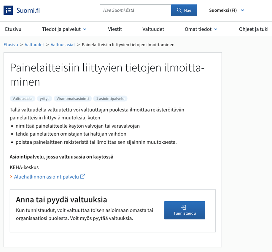 suomi.fi - painelaitteisiin liittyvien tietojen ilmoittaminen