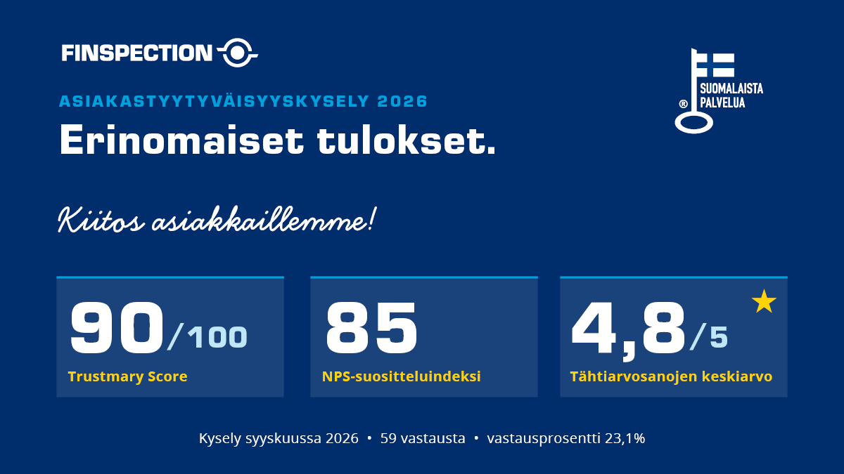Finspectionin asiakastyytyväisyyskyselyn tulokset: Trustmary Score 90/100, NPS 85 ja tähtiarvosanojen keskiarvo 4,8/5.