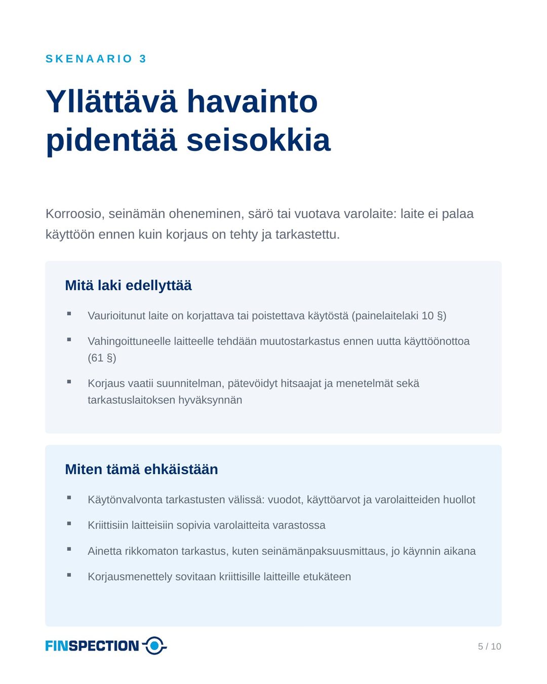 Skenaario 3: yllättävä havainto pidentää seisokkia