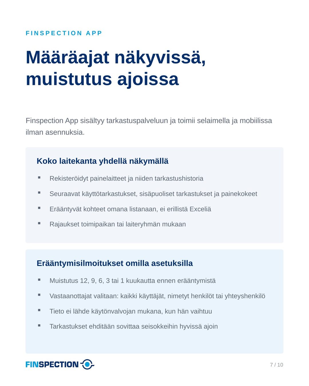 Finspection App: määräajat näkyvissä ja muistutus ajoissa
